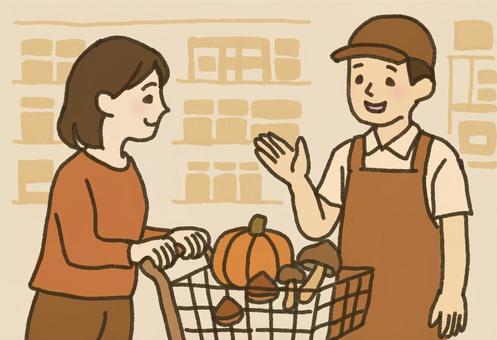 秋のショッピング 秋,スーパーマーケット,店,買い物,野菜,食べ物,カート,かご,かぼちゃ,きのこのイラスト素材