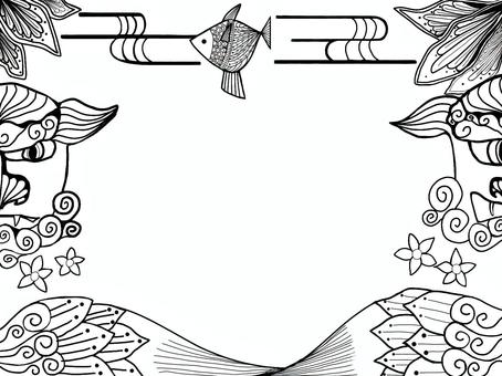 シーサーと紅型_モノクロイラスト - No: 2640719｜無料イラスト