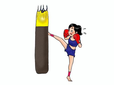キックボクシング キックボクシング 人物,こども,女の子,小学生,スポーツ,格闘技,キックボクシング,サンドバッグ,回し蹴り,汗のイラスト素材