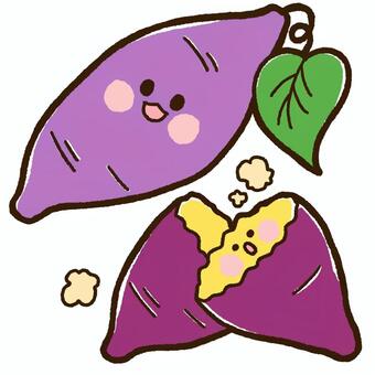 さつまいもと焼き芋（表情あり） さつまいも,焼き芋,秋,野菜,秋の自然,食べ物,子ども向け,保育,幼稚園,保育園のイラスト素材