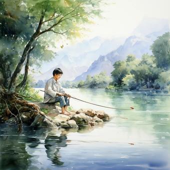 Illustration, watercolor painting, fishing, outdoor, 