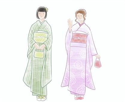 着物振袖 2人 着物振袖 2人 着物,振袖,正面,桃色,緑,成人式,パーティ,初詣,卒業,お見合いのイラスト素材