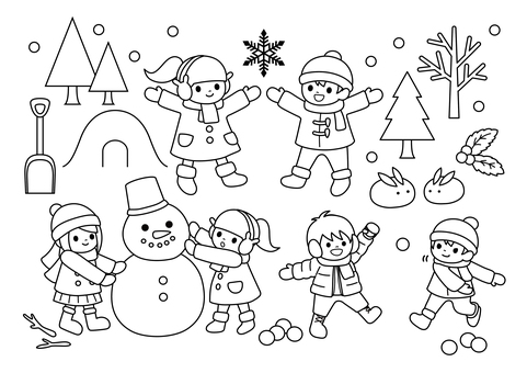 冬のこどもたち-ぬり絵 子供,こども,キッズ,男の子,女の子,友達,小学生,児童,園児,冬のイラスト素材