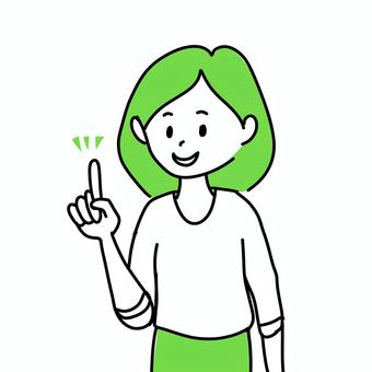指を立てて説明する笑顔の女性