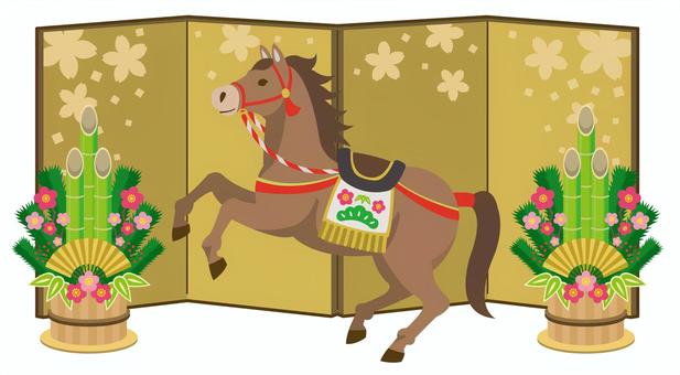 正月飾りの馬と屏風(鹿毛)_25 正月飾りの馬と屏風(鹿毛)_25 馬,午年,年賀状,午,干支,リアル,年賀状素材,年賀はがき,素材,2026年のイラスト素材