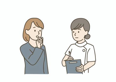 女性から話を聞く看護師 従事者,看護師,白衣,ナース,人物,ポーズ,女性,問診表,カルテ,聞き取りのイラスト素材