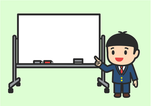 ホワイトボートを指差すビジネスマン ビジネスマン,ホワイトボード,指差し,プレゼンテーション,説明,会議,ミーティング,提案,説得,分析のイラスト素材