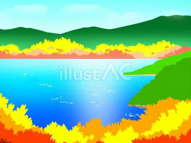 晩秋の山並みと湖 秋,晩秋,紅葉のイラスト素材