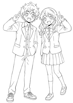 制服姿の2人 制服姿の2人 人物,2人,男女,男性,女性,塗り絵,線画,可愛い,元気,ブレザーのイラスト素材