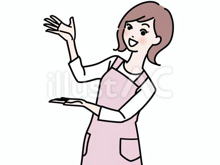 お知らせ・ご案内をするエプロン姿の主婦 お知らせ,ご案内,こちらですのイラスト素材