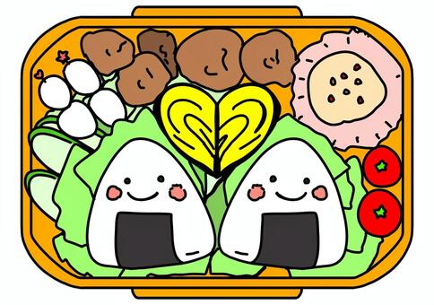 おにぎりに顔つきデコ弁当　カラー おにぎり,卵,トマト,唐揚げ,デコレーション,デコ弁,カラーのイラスト素材