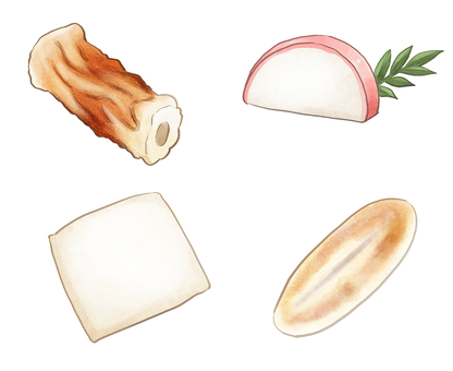 ちくわ、はんぺん、笹かまぼこ、練り物 ちくわ,はんぺん,蒲鉾,かまぼこ,竹輪,おでん,練り物,魚のすり身,食品,食べ物のイラスト素材