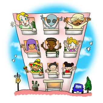 いろいろな人種が住むマンション 人種,マンション,多国籍,住居,居住,人々,多様化,平和,仲良し,暮らすのイラスト素材