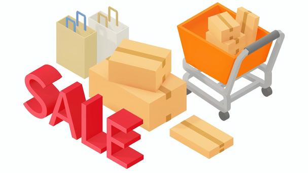 セール販売 セール,特売,買い物,バーゲン,カート,段ボール,紙袋,割引,目玉商品,ワゴンのイラスト素材