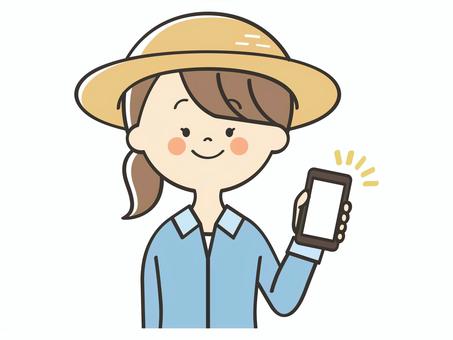 スマホを持った農家の女性 農家,スマホ,画面,見せる,登録,誘導,紹介,案内,説明,教えるのイラスト素材