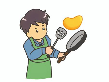 オムレツを焼く男性 料理,調理,オムレツ,卵,焼く,フライパン,フライ返し,男性,パパ,主夫のイラスト素材