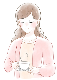 紅茶を飲む女性の水彩風イラスト 紅茶,お茶,飲む,ホットティー,女性,リラックス,休憩,冬,長袖,上半身のイラスト素材