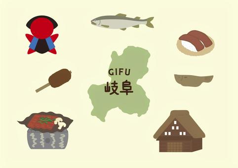 岐阜イラストセット 岐阜,鮎,さるぼぼ,五平餅,朴葉味噌,白川郷,飛騨牛,地図,ご当地,観光地のイラスト素材
