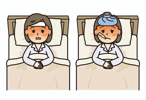 熱で寝込む女性 熱,女性,風邪,病気,ベッド,布団,枕,パジャマ,体温計,氷嚢のイラスト素材