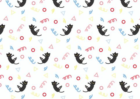 黒猫とアブストラクトの背景イラスト ネコ,背景,かわいい,アブストラクト,くるくる,丸,三角,カラフル,シームレス,寝転ぶのイラスト素材