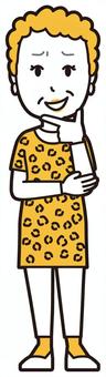  大阪のおばちゃん(黄)-226-全身 薄笑い,おばちゃん,大阪,ヒョウ柄,おばはん,中年,女性,関西,派手,おばさんのイラスト素材