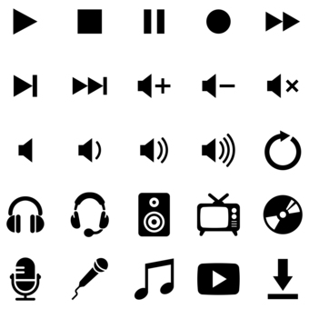 マルチメディアのアイコンセット 黒 アイコンセット,マルチメディア,テレビ,スピーカー,マイク,cd,ヘッドホン,ダウンロード,再生,音量のイラスト素材