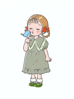 青い鳥と少女 5 青い鳥と少女 5 女の子,ことり,キス,ワンピース,ポンデリングヘア,リボンのイラスト素材