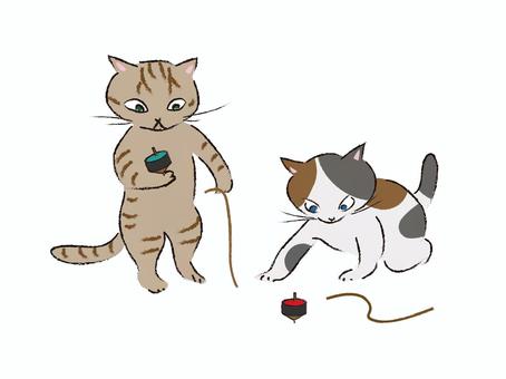 コマ回し　猫 コマ,独楽,遊び,猫,動物,擬人化,手描き,お正月,なつかしい,おもちゃのイラスト素材