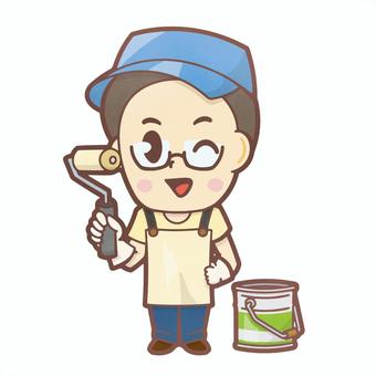 刷毛を持つ男性 男性,全身,デフォルメ,塗料,ペンキ,刷毛,帽子のイラスト素材