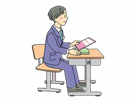 着席して学習スタイルの男子高校生 高校生,机,イス,学校,着席,学習,勉強,本,ノート,設備のイラスト素材