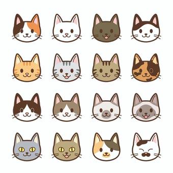 ポップな猫ちゃん　お顔セット 猫,三毛猫,白猫,黒猫,ぶち猫,茶トラ,サバトラ,キジトラ,サビ猫,野良猫のイラスト素材