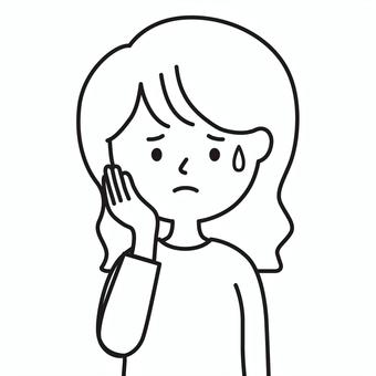 セミロング女性 上半身 手頬_線画 7A 女性,困る,焦る,困惑,汗,どうしよう,たらり,こわい,悩み,相談のイラスト素材