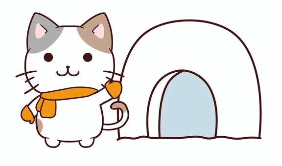 かまくらと三毛猫 かわいい,動物,マフラー,手袋,冬,雪,ねこ,かまくら,三毛猫のイラスト素材