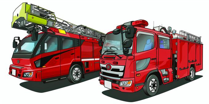 はしご車とブーム付消防ポンプ車 消防署,消防車,はしご付,消防自動車,ブーム付,ポンプ車,赤色,消火活動,人命救助,トラックのイラスト素材