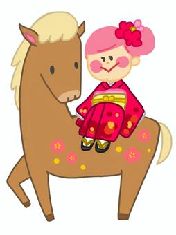 馬に乗る着物姿の女の子 干支,馬,女の子,賀詞,晴れ着,文化,着物,和服,子ども,動物のイラスト素材