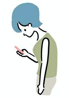 スマホを見る猫背の女性 女性,猫背,スマホ首,ストレートネック,姿勢,悪い,健康,シンプル,ラフタッチ,手書き風のイラスト素材