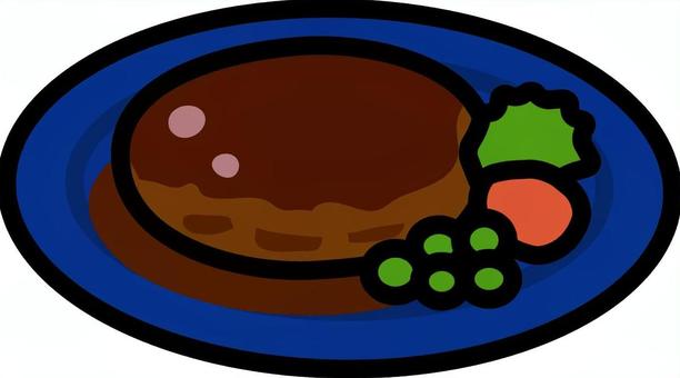 ネイビーの皿のハンバーグです。 ハンバーグ,シンプル,洋食,プレート,グリーンピース,人参,添え野菜,レストラン,カフェ,定食のイラスト素材