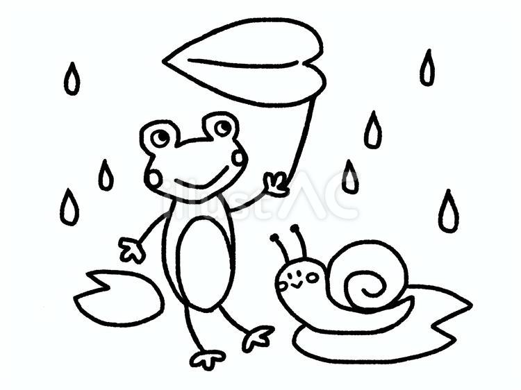 カエルとカタツムリ梅雨のモノクロイラスト カエル,梅雨,カタツムリのイラスト素材