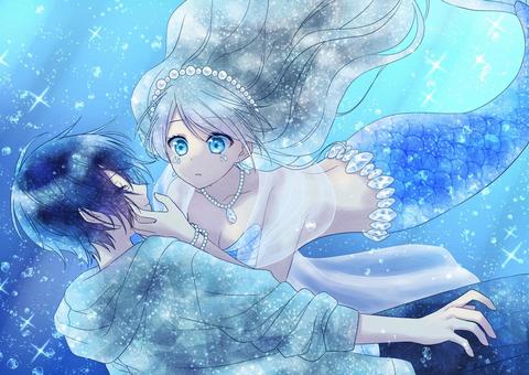 男の子・女の子 人物,男の子,女の子,キャラクター,人魚,キラキラ,青,水色,夏,アニメ絵のイラスト素材