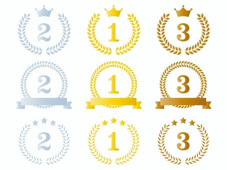月桂樹のフレームのランキング素材セット 月桂樹,ランキング,王冠,リボン,星,フレーム,アイコン,金,銀,銅のイラスト素材