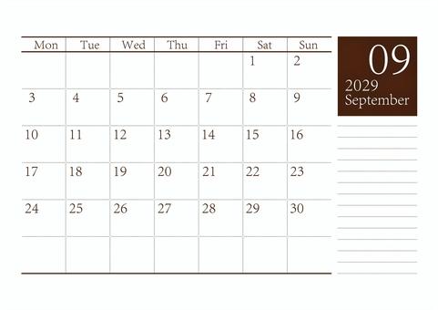 Start Monday Calendar September 2029 A4, , JPG, PNG and EPS