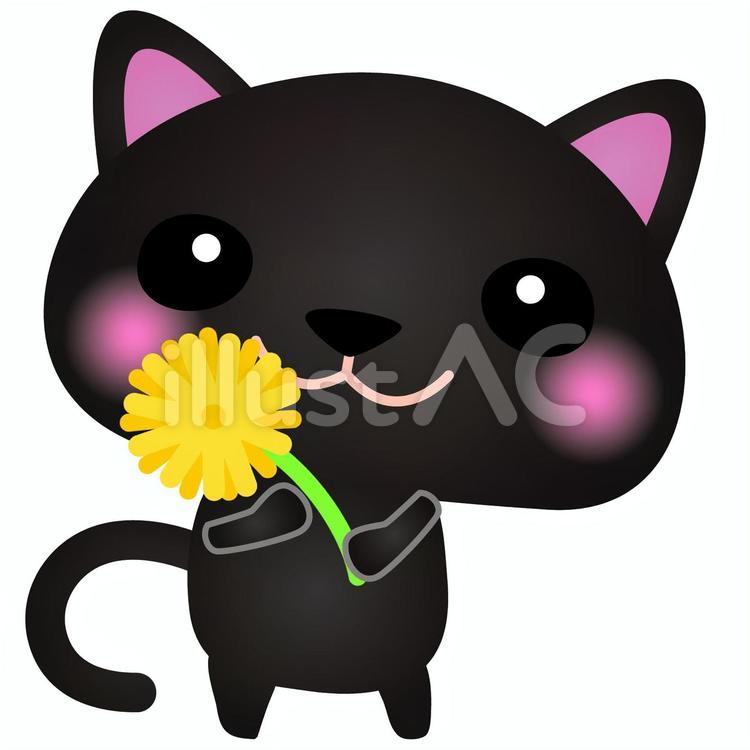 黒ねこ花イエロー 猫,花,ありがとうのイラスト素材