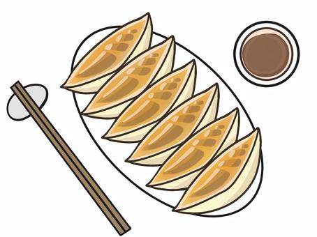 餃子　6個　タレ・箸付き　イラスト 箸,タレ,食べ物,餃子,中華,料理,皿,ぎょうざ,イラスト,挿絵のイラスト素材