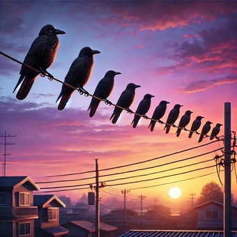 電線に止まるカラスの群れ