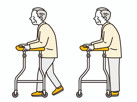 歩行器を使って歩くシニア男性　セット 歩行器,シニア,男性,歩行練習,リハビリ,介護,全身,歩行訓練,福祉用具,高齢者のイラスト素材