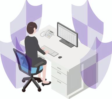 アイソメトリック_働く人⑤-８ アイソメトリック,オフィス,女性,会社員,盾,オフィスワーク,働く,仕事,アイソメ,立体のイラスト素材