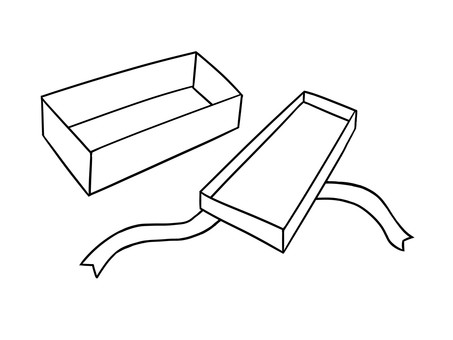 蓋の開いた縦長（横長）の箱（リボン白黒） 箱,プレゼント,リボン,ゆるい,シンプル,手描き,モノクロのイラスト素材