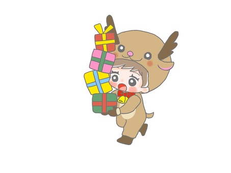 プレゼントを運ぶトナカイ１ 手描き,女の子,茶髪,着ぐるみ,仮装,コスプレ,衣装,クリスマス,プレゼント,トナカイのイラスト素材