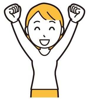  ロングヘア女性(黄)-136-バスト ガッツポーズ,女性,女の子,人物,かわいい,応援,喜ぶ,笑顔,表情,感情のイラスト素材