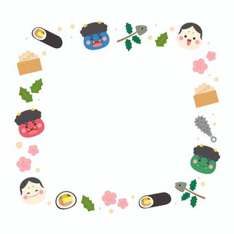 かわいい節分の飾り枠 節分,鬼,豆,お多福,恵方巻,大豆,食べ物,豆まき,飾り枠,2月のイラスト素材